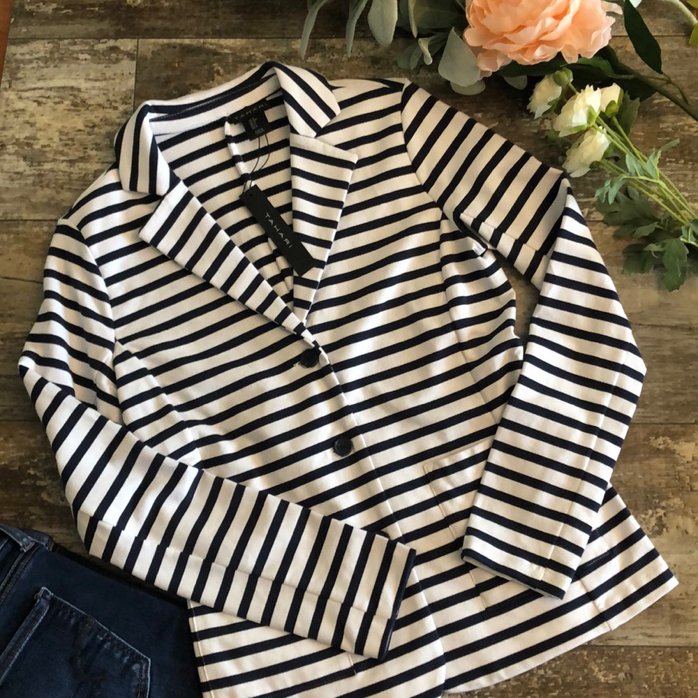 Tahari Navy & White Striped Blazer